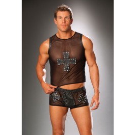 Men's Mesh Tank Top With Leather Cross Trimmed In Nail Heads