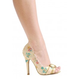 4.5 Inch Decorative Fabric Peep-Toe Women'S Size Shoe With Rhinestones And Ruffle Trim
