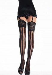 Lycra Thigh High Nylon Stocking With Vertical Stripe And 5-Inch Lace Top