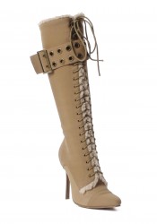 4 Inch Heel Knee High Boot Women'S Size Shoe With Eyelet Buckle And Lace-Up